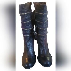 7 For All Mankind Ego Black Silver Zipper Slouch Boots Sz 7 1/2